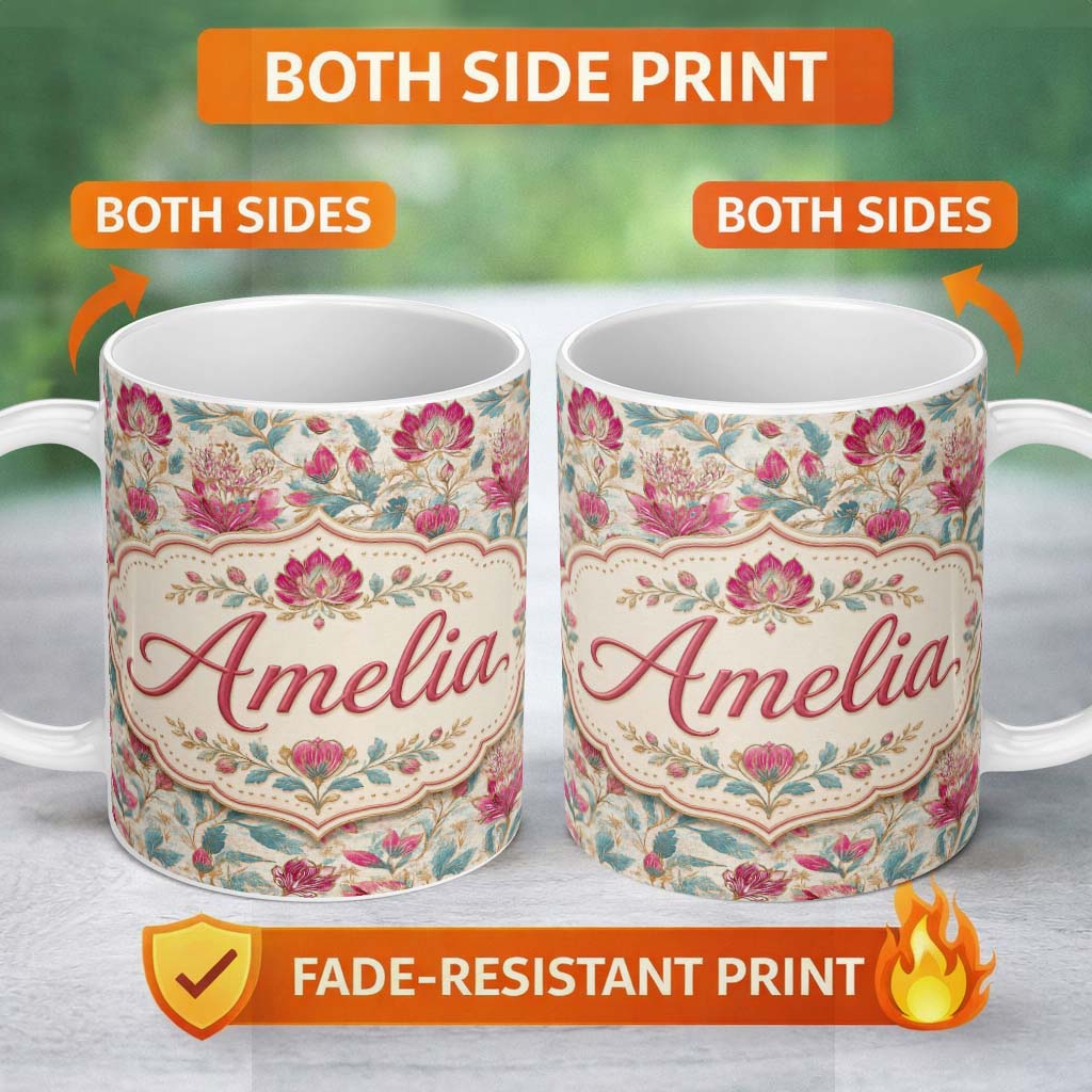 Personalized Custom Name Vintage Botanical Floral Pattern with Pink Blooms Seamless Name Cute 11oz Ceramic Coffee Tea Mug White Large Handle