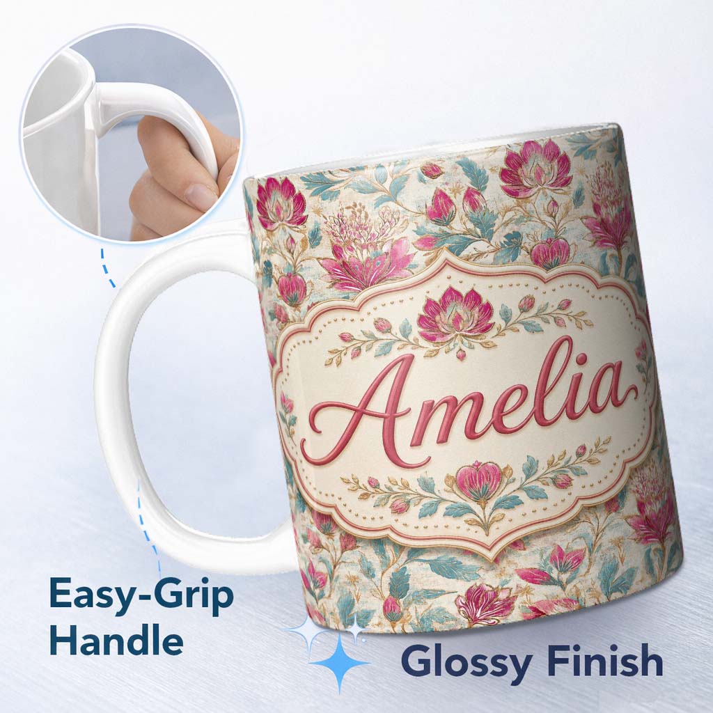 Personalized Custom Name Vintage Botanical Floral Pattern with Pink Blooms Seamless Name Cute 11oz Ceramic Coffee Tea Mug White Large Handle
