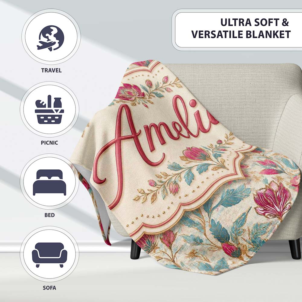 Vintage Botanical Floral Pattern with Pink Blooms Seamless Name Cute Personalised Custom Name Super Soft Fleece Blanket Bed Sofa Throw