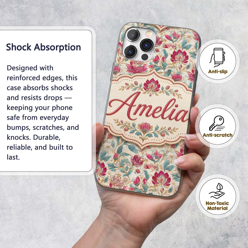 Vintage Botanical Floral Pattern with Pink Blooms Custom Name Protective Phone Case Mobile Cover Durable Everyday Smartphone Shock Resistant