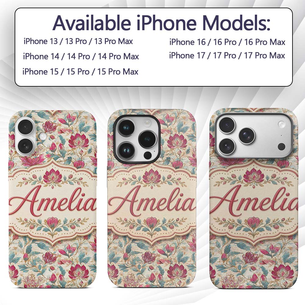 Vintage Botanical Floral Pattern with Pink Blooms Custom Name Protective Phone Case Mobile Cover Durable Everyday Smartphone Shock Resistant