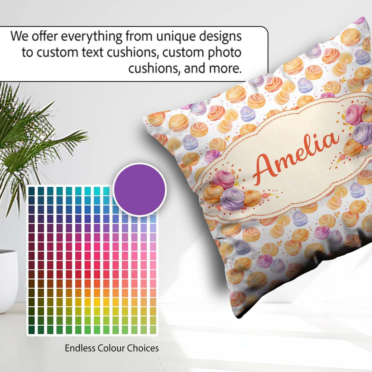 Custom Name Pastel Cream Swirl Meringue Dessert Seamless Pattern Square Filled Cushion Throw Pillow Sofa Bed Home Decor Zip Washable UK Made