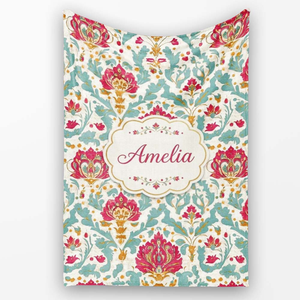 Decorative Damask Floral Pattern with Teal and Pink Accents Personalised Custom Name Super Soft Fleece Blanket Bed Sofa Throw