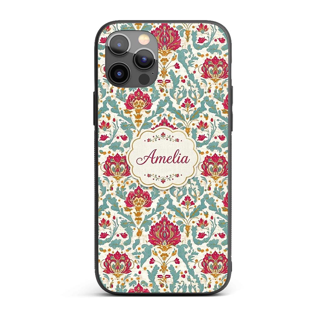 Decorative Damask Floral Pattern with Teal and Custom Name Protective Phone Case Mobile Cover Durable Everyday Smartphone Shock Resistant