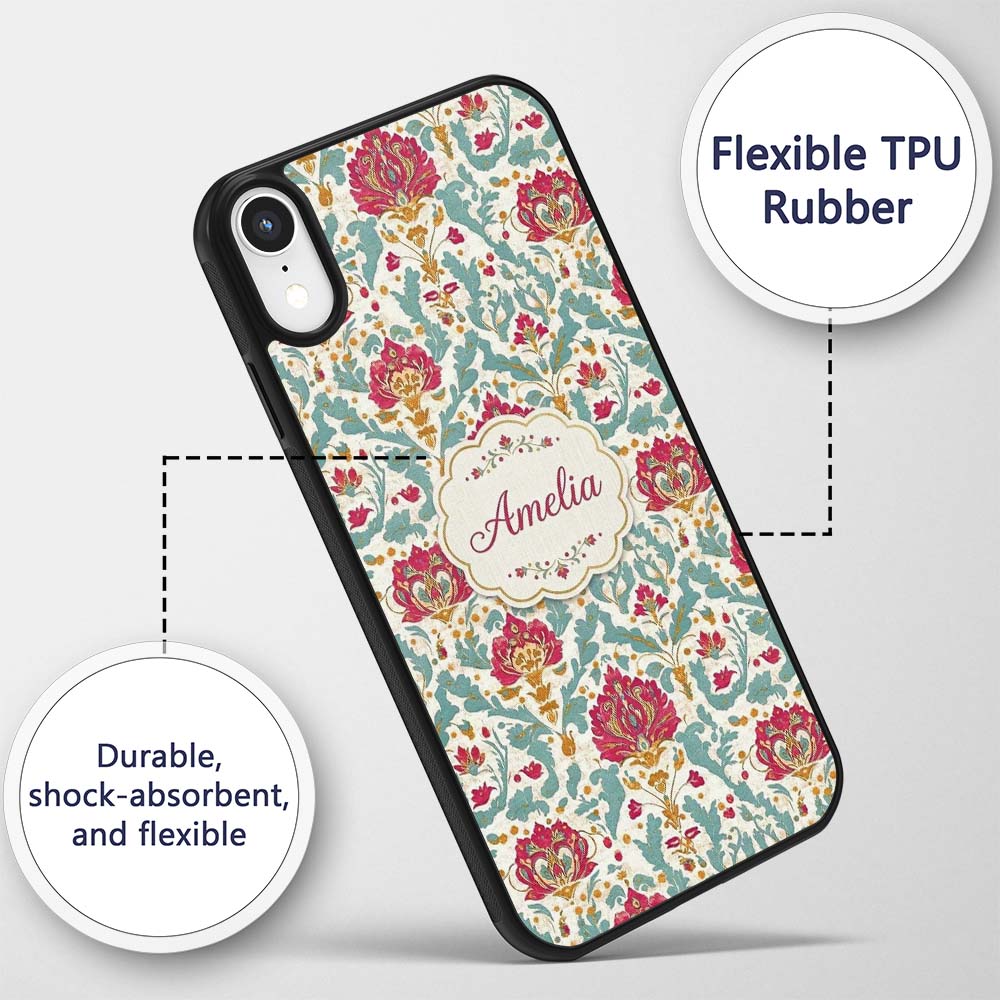 Decorative Damask Floral Pattern with Teal and Custom Name Protective Phone Case Mobile Cover Durable Everyday Smartphone Shock Resistant
