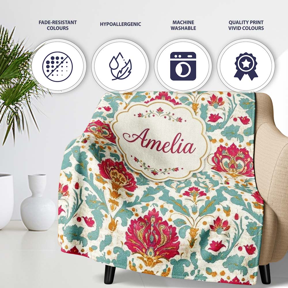 Decorative Damask Floral Pattern with Teal and Pink Accents Personalised Custom Name Super Soft Fleece Blanket Bed Sofa Throw