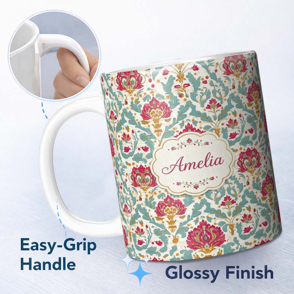 Personalized Custom Name Decorative Damask Floral Pattern with Teal and Pink Accents 11oz Ceramic Coffee Tea Mug White Large Handle