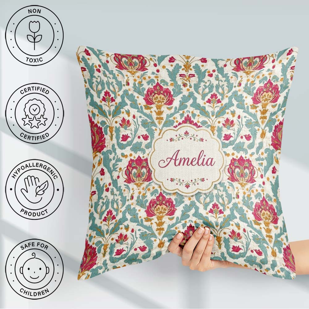 Custom Name Decorative Damask Pattern with Teal and Pink Accents Square Filled Cushion Throw Pillow Sofa Bed Home Decor Zip Washable UK Made