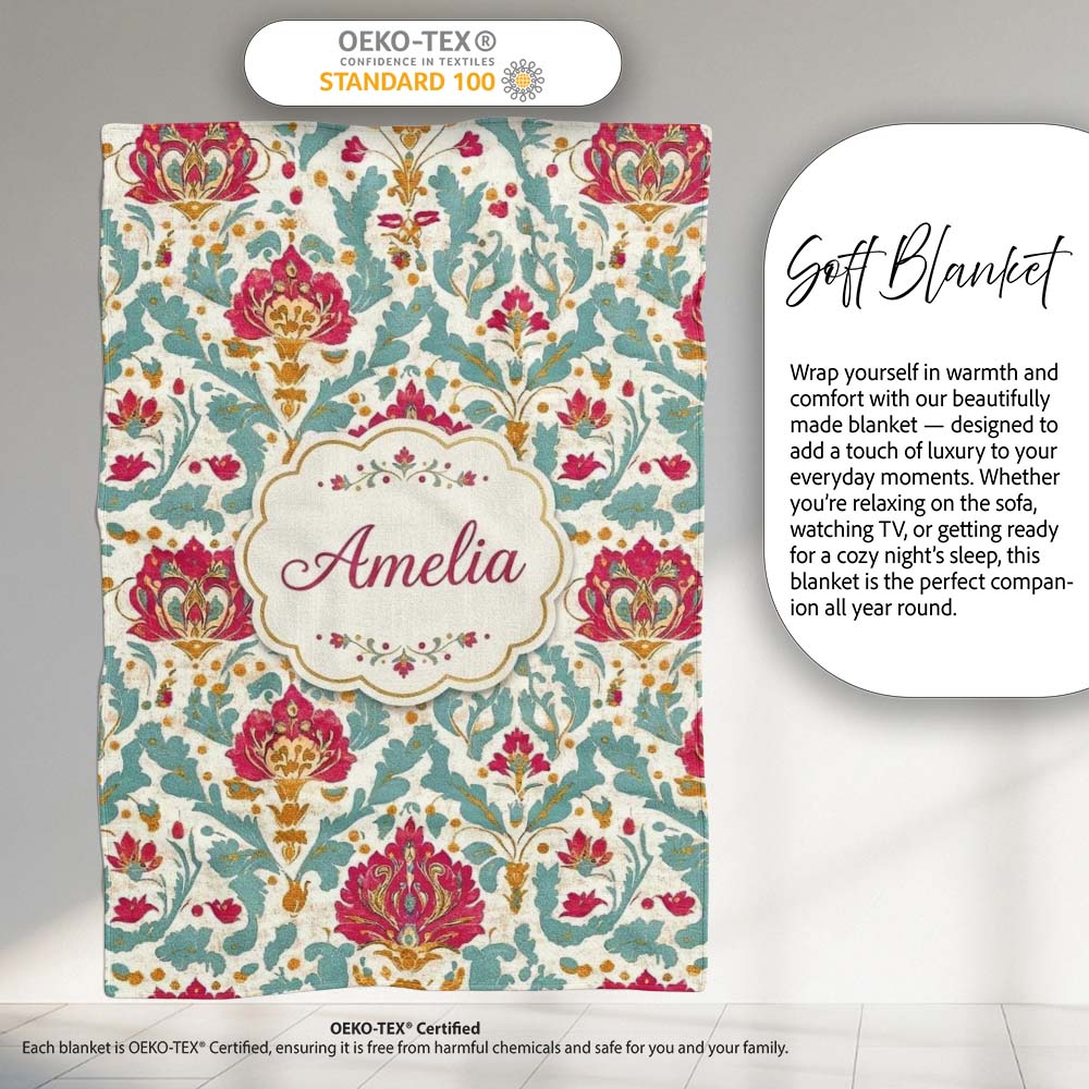 Decorative Damask Floral Pattern with Teal and Pink Accents Personalised Custom Name Super Soft Fleece Blanket Bed Sofa Throw
