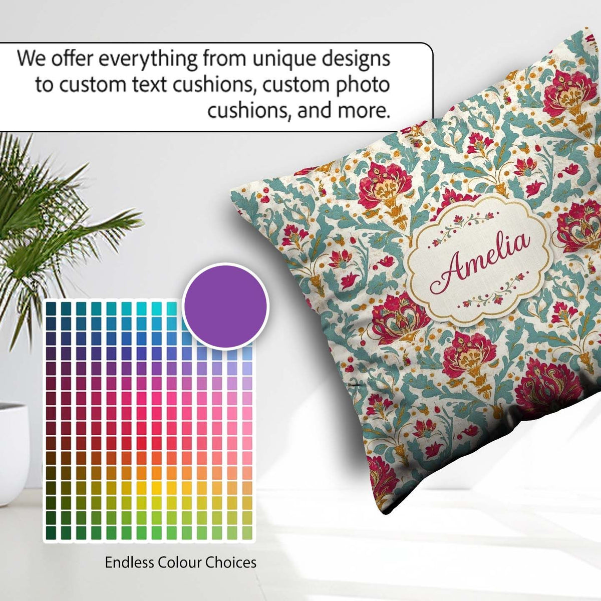 Custom Name Decorative Damask Pattern with Teal and Pink Accents Square Filled Cushion Throw Pillow Sofa Bed Home Decor Zip Washable UK Made