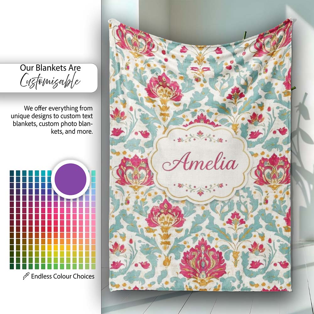 Decorative Damask Floral Pattern with Teal and Pink Accents Personalised Custom Name Super Soft Fleece Blanket Bed Sofa Throw