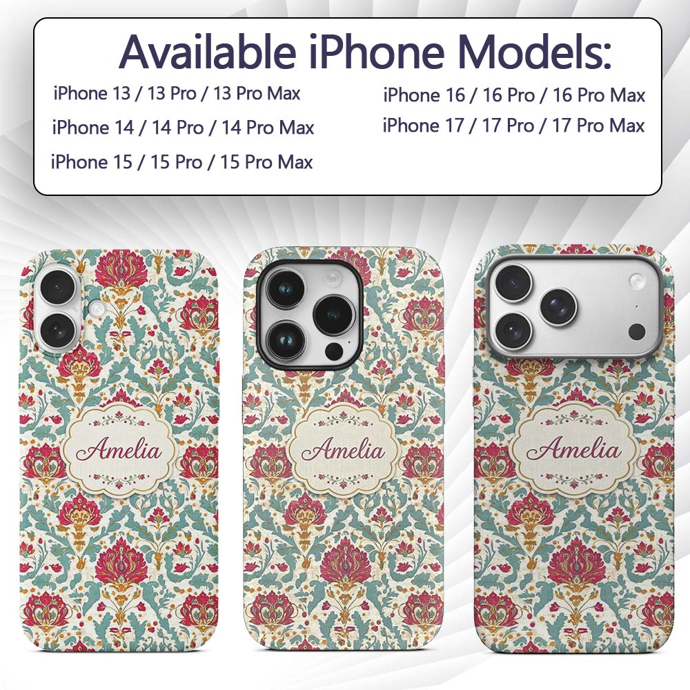 Decorative Damask Floral Pattern with Teal and Custom Name Protective Phone Case Mobile Cover Durable Everyday Smartphone Shock Resistant