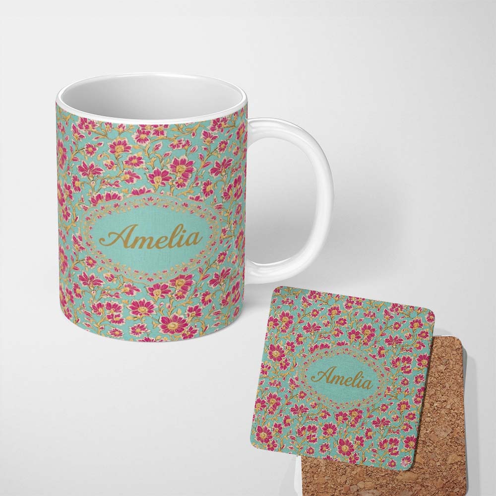 Personalized Custom Name Vintage Floral Vine Pattern with Pink Blossoms on Blue Seamless 11oz Ceramic Coffee Tea Mug White Large Handle