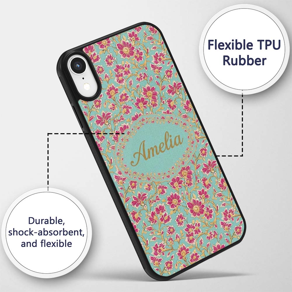 Vintage Floral Vine Pattern with Pink Blossoms on Custom Name Protective Phone Case Mobile Cover Durable Everyday Smartphone Shock Resistant