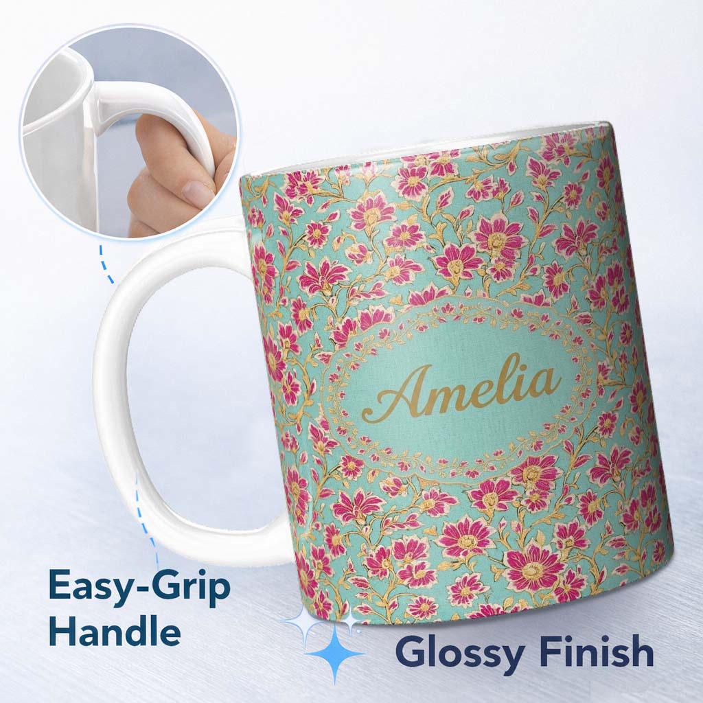 Personalized Custom Name Vintage Floral Vine Pattern with Pink Blossoms on Blue Seamless 11oz Ceramic Coffee Tea Mug White Large Handle