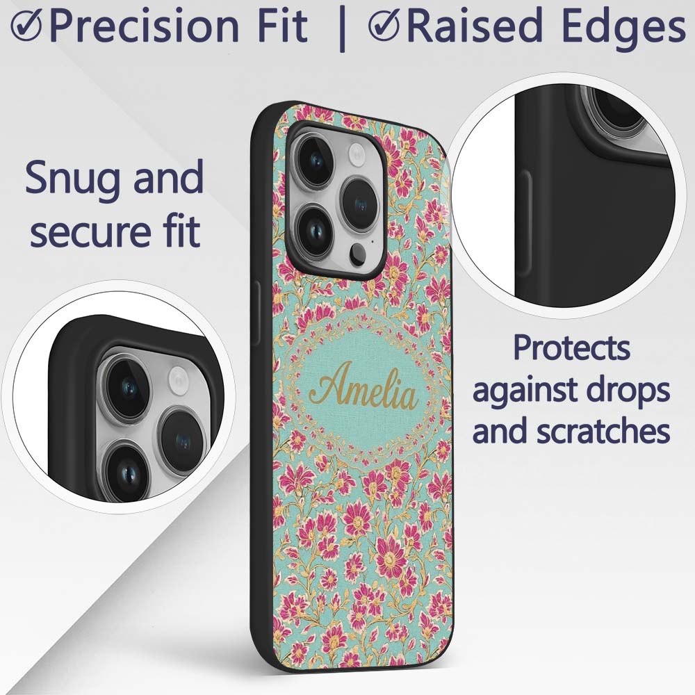 Vintage Floral Vine Pattern with Pink Blossoms on Custom Name Protective Phone Case Mobile Cover Durable Everyday Smartphone Shock Resistant