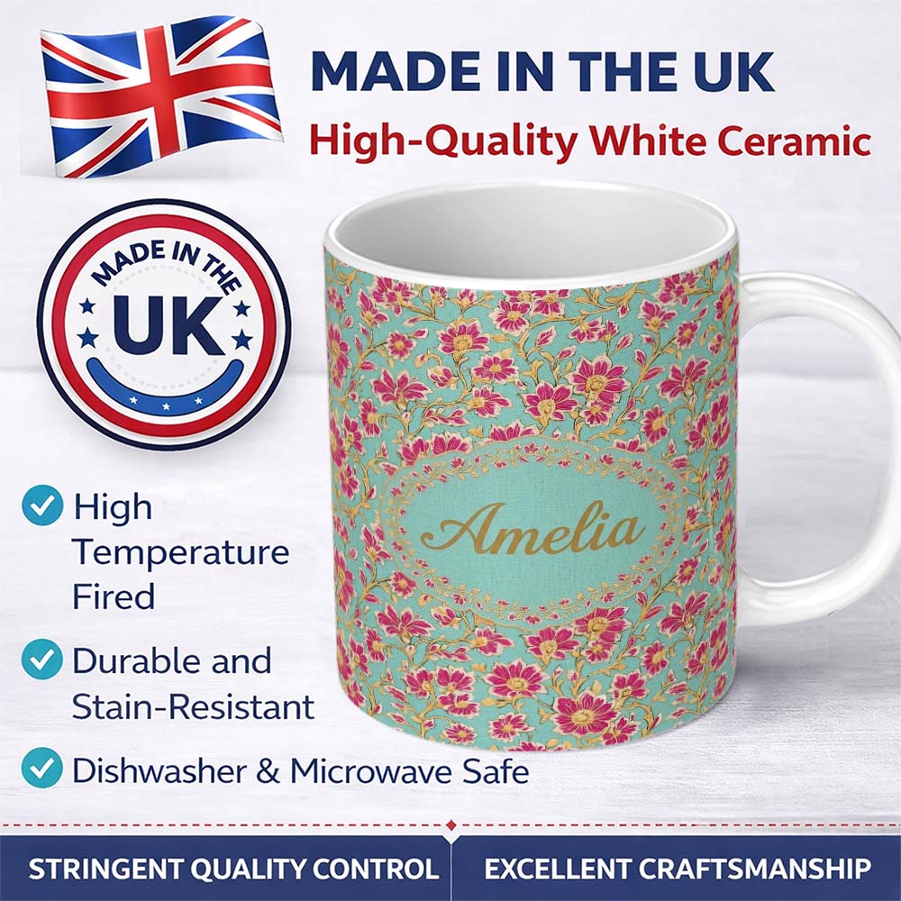 Personalized Custom Name Vintage Floral Vine Pattern with Pink Blossoms on Blue Seamless 11oz Ceramic Coffee Tea Mug White Large Handle