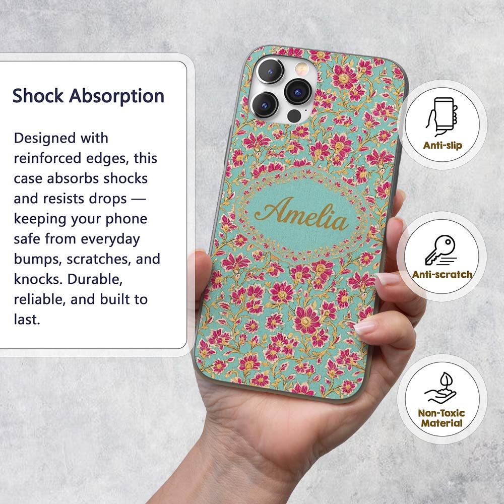 Vintage Floral Vine Pattern with Pink Blossoms on Custom Name Protective Phone Case Mobile Cover Durable Everyday Smartphone Shock Resistant