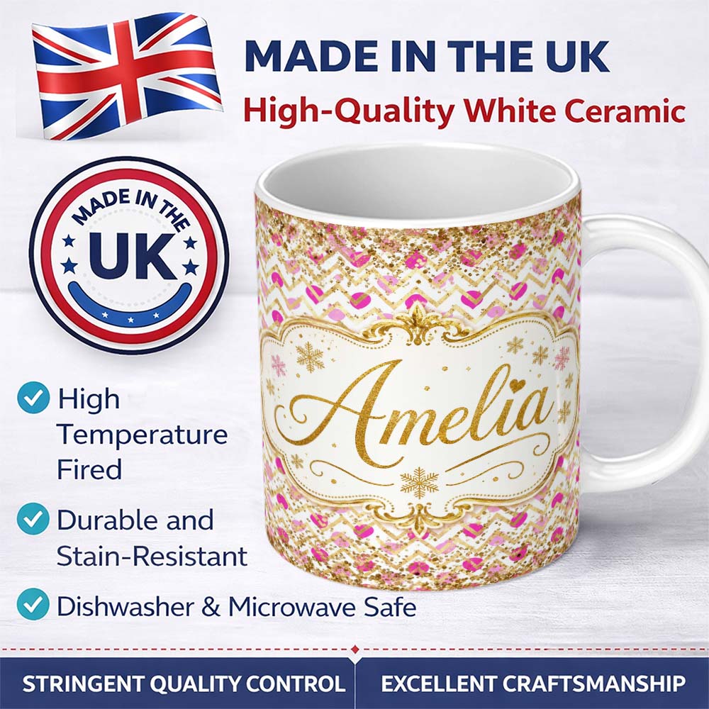 Personalized Custom Name Pink Gold Chevron Glitter Hearts Seamless Pattern Design Stylish 11oz Ceramic Coffee Tea Mug White Large Handle