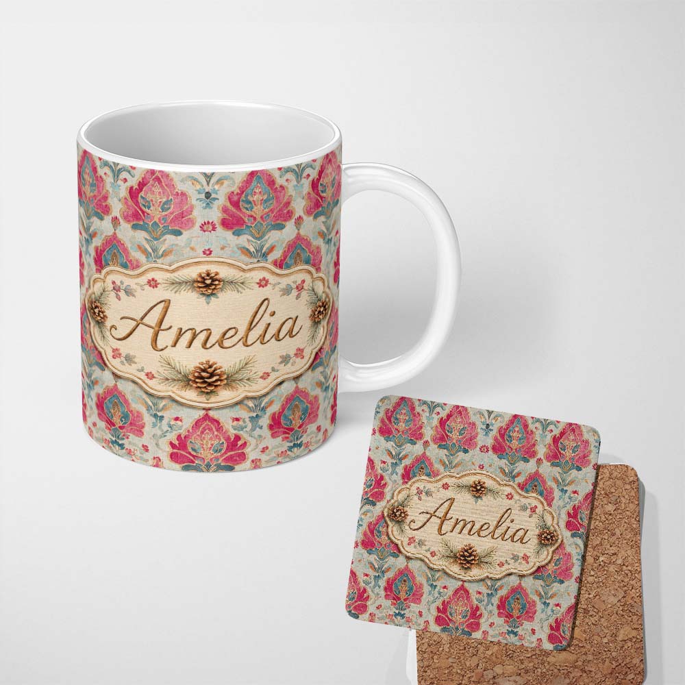 Personalized Custom Name Classic Ornamental Floral Damask Pattern Seamless Name Cute Unique 11oz Ceramic Coffee Tea Mug White Large Handle