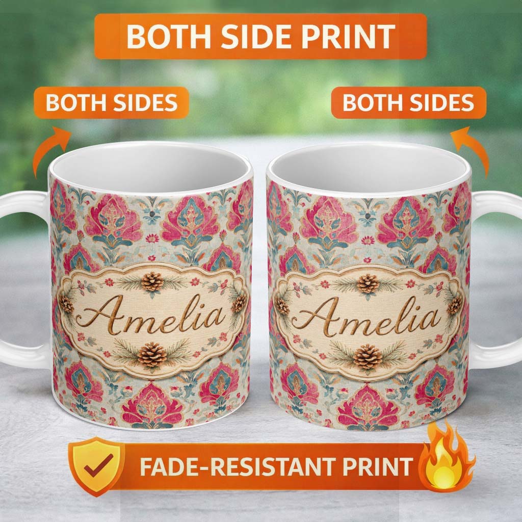 Personalized Custom Name Classic Ornamental Floral Damask Pattern Seamless Name Cute Unique 11oz Ceramic Coffee Tea Mug White Large Handle