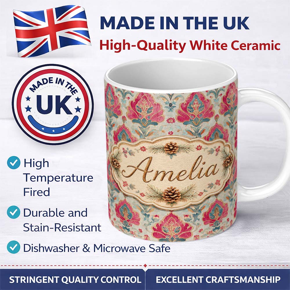 Personalized Custom Name Classic Ornamental Floral Damask Pattern Seamless Name Cute Unique 11oz Ceramic Coffee Tea Mug White Large Handle