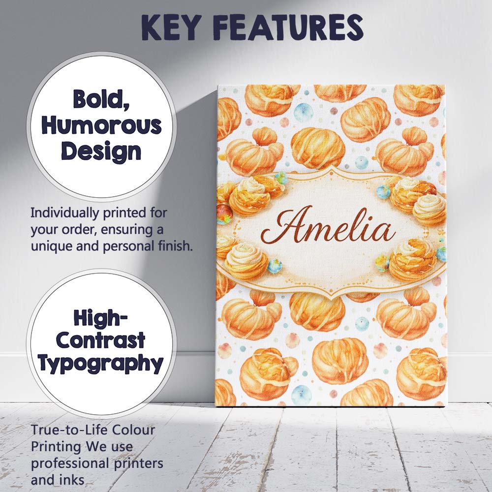 Personalised Name Glazed Croissant Pastry Food Seamless Pattern Cute Custom Home Canvas Wall Art Print Decor Picture Ready to Hang