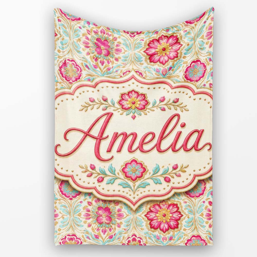 Vintage Floral Medallion Pattern with Pink Blooms and Teal Leaves Personalised Custom Name Super Soft Fleece Blanket Bed Sofa Throw