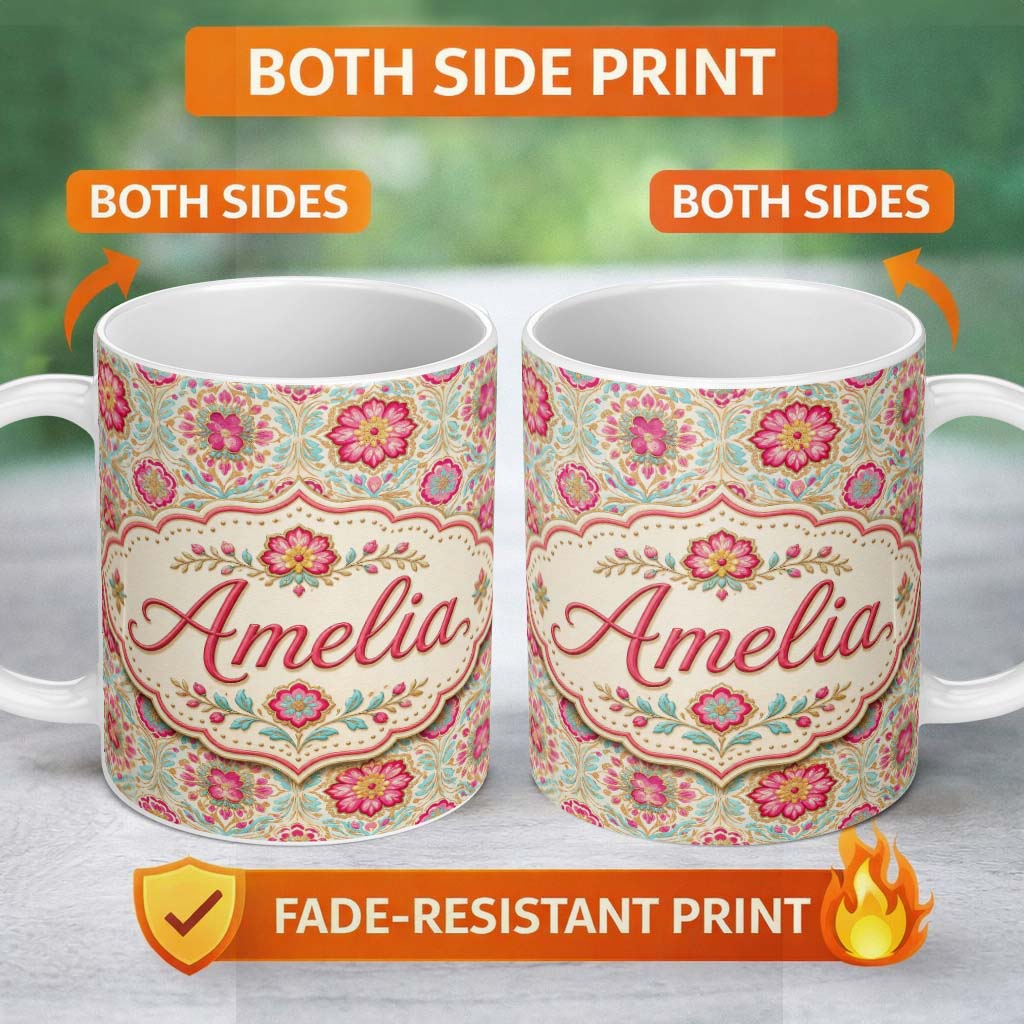 Personalized Custom Name Vintage Floral Medallion Pattern with Pink Blooms and Teal Leaves 11oz Ceramic Coffee Tea Mug White Large Handle