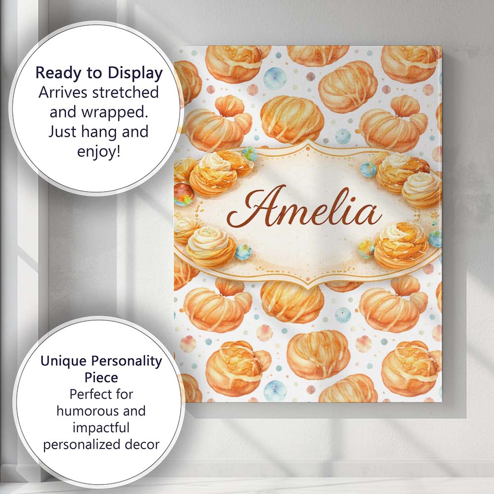 Personalised Name Glazed Croissant Pastry Food Seamless Pattern Cute Custom Home Canvas Wall Art Print Decor Picture Ready to Hang