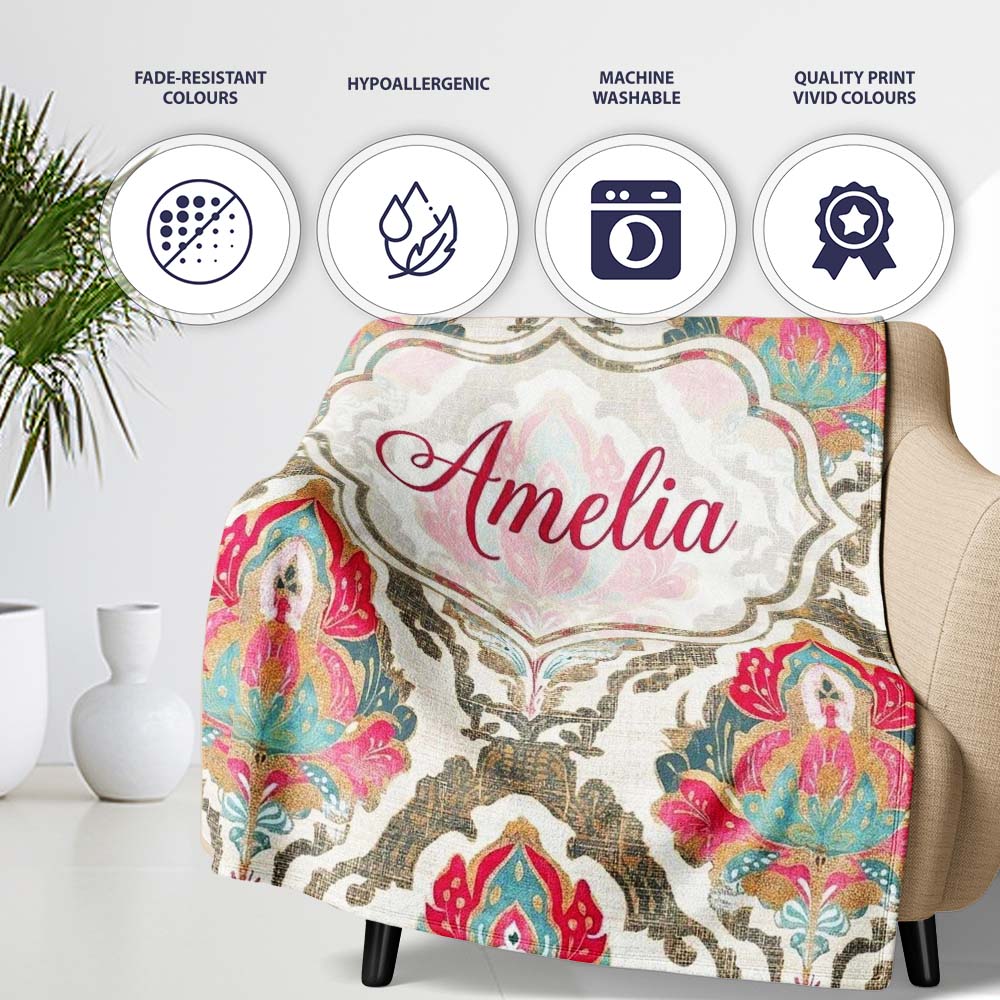 Ornate Damask Floral Pattern with Pink and Teal Motifs Seamless Personalised Custom Name Super Soft Fleece Blanket Bed Sofa Throw