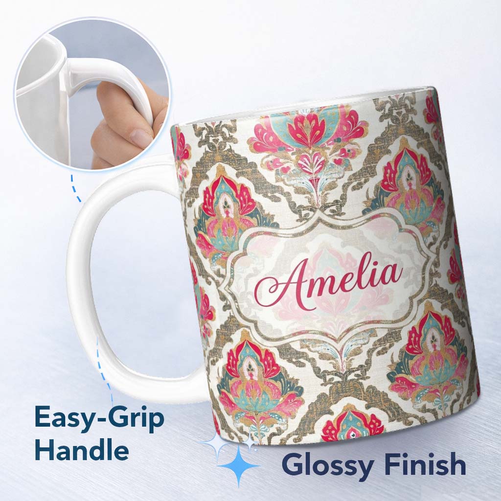 Personalized Custom Name Ornate Damask Floral Pattern with Pink and Teal Motifs Seamless 11oz Ceramic Coffee Tea Mug White Large Handle