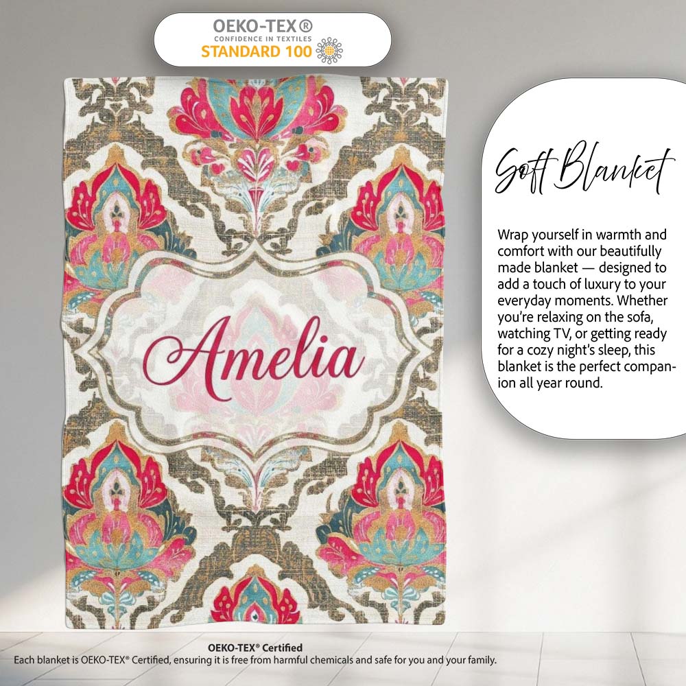 Ornate Damask Floral Pattern with Pink and Teal Motifs Seamless Personalised Custom Name Super Soft Fleece Blanket Bed Sofa Throw