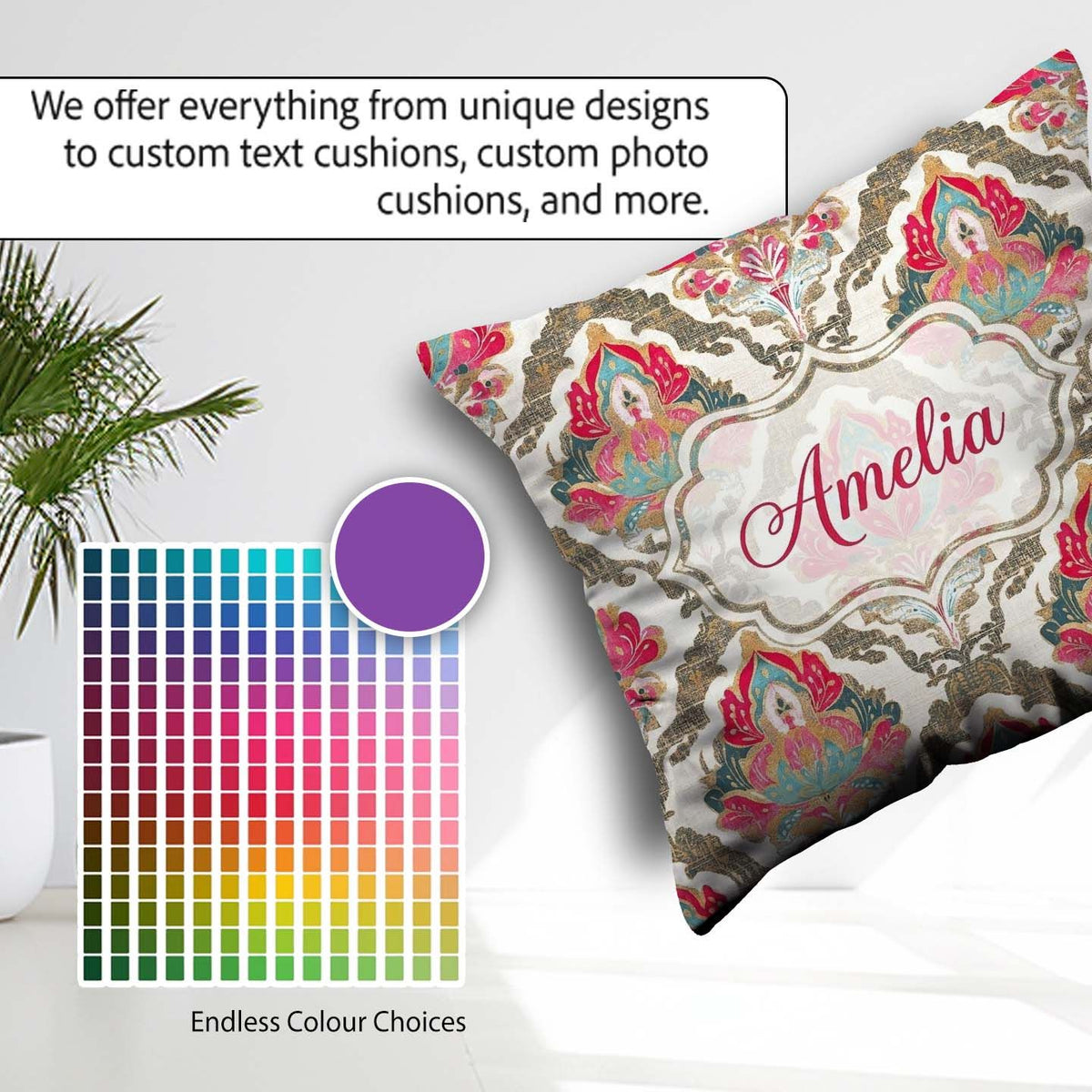 Custom Name Ornate Damask Floral Pattern with Pink Teal Seamless Square Filled Cushion Throw Pillow Sofa Bed Home Decor Zip Washable UK Made