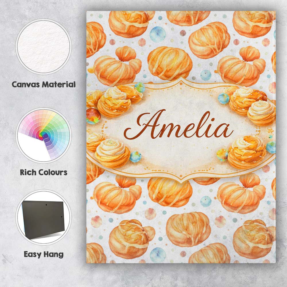 Personalised Name Glazed Croissant Pastry Food Seamless Pattern Cute Custom Home Canvas Wall Art Print Decor Picture Ready to Hang
