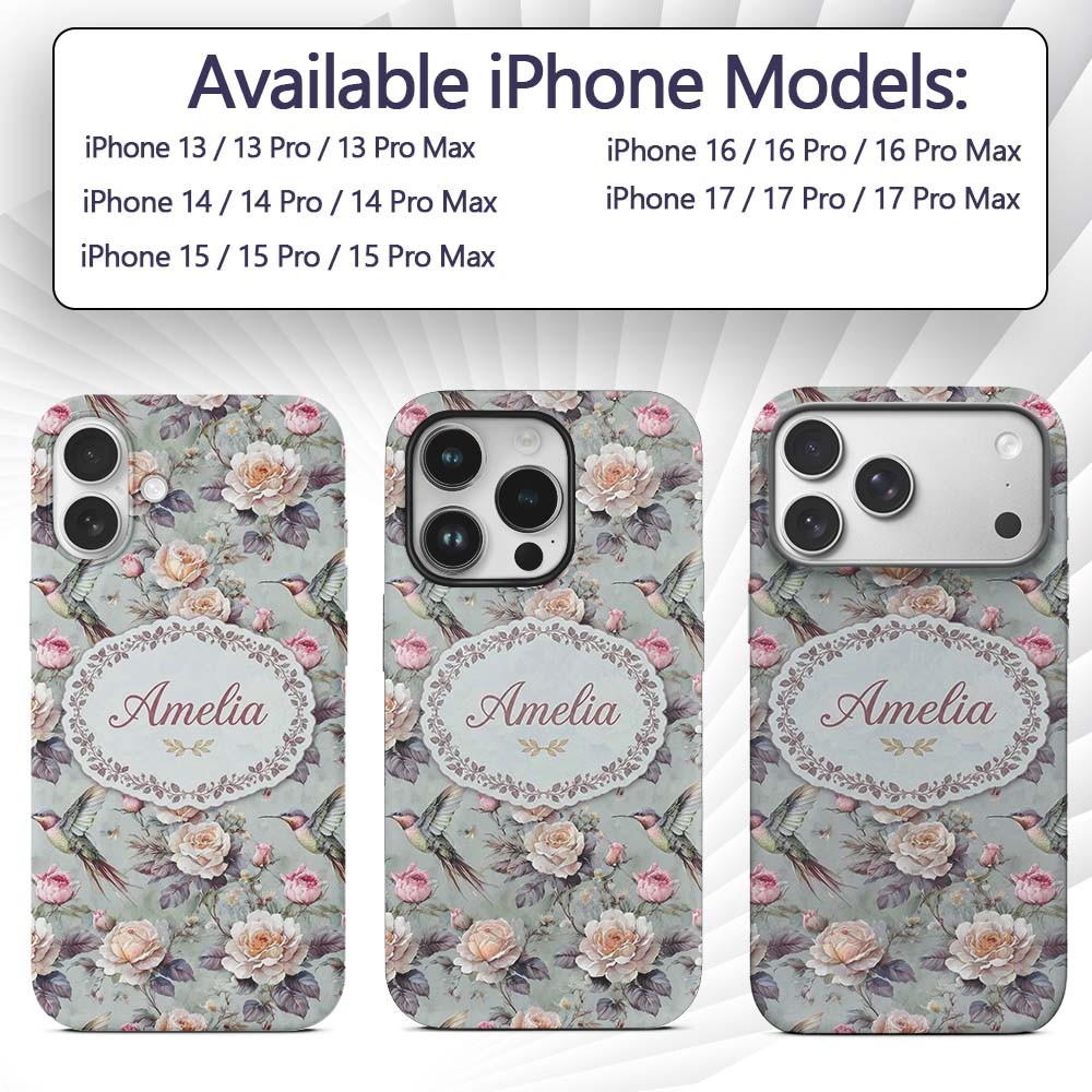 Elegant Hummingbird with Roses Soft Pastel Floral Custom Name Protective Phone Case Mobile Cover Durable Everyday Smartphone Shock Resistant