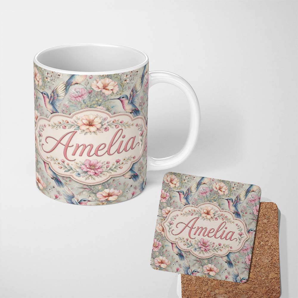 Personalized Custom Name Soft Watercolor Hummingbird with Wildflowers Seamless Pattern Name 11oz Ceramic Coffee Tea Mug White Large Handle