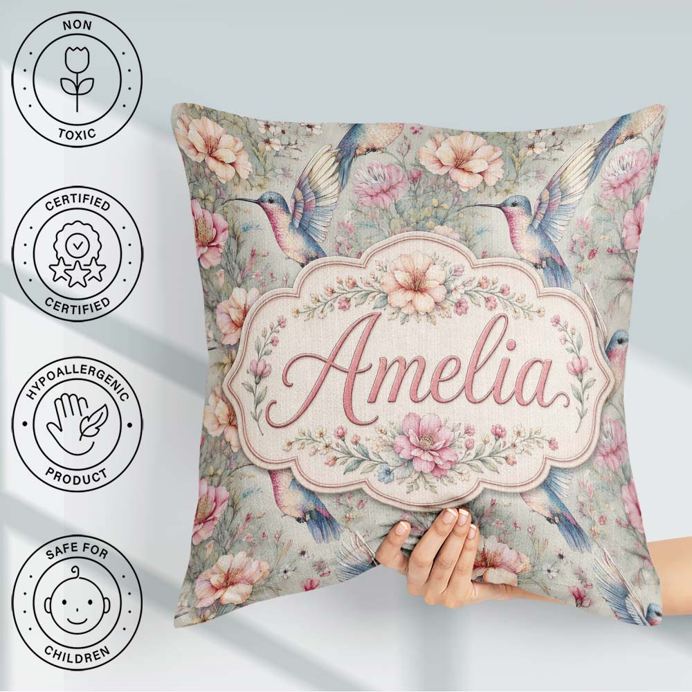 Custom Name Soft Watercolor Hummingbird with Wildflowers Pattern Square Filled Cushion Throw Pillow Sofa Bed Home Decor Zip Washable UK Made