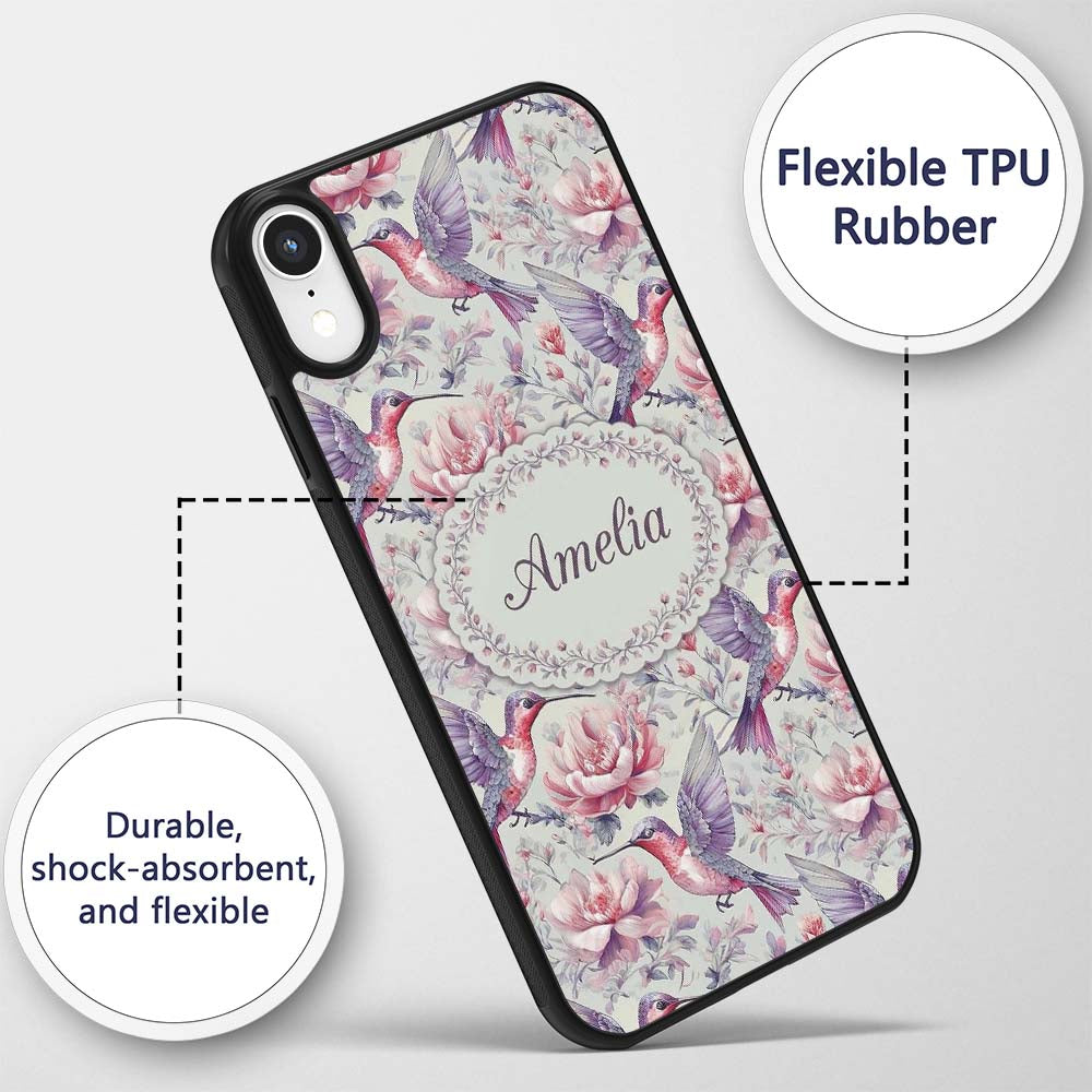 Vintage Style Hummingbird and Printed Design Custom Name Protective Phone Case Mobile Cover Durable Everyday Smartphone Shock Resistant