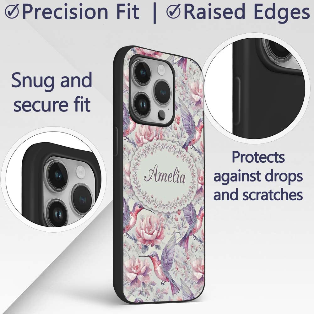 Vintage Style Hummingbird and Printed Design Custom Name Protective Phone Case Mobile Cover Durable Everyday Smartphone Shock Resistant