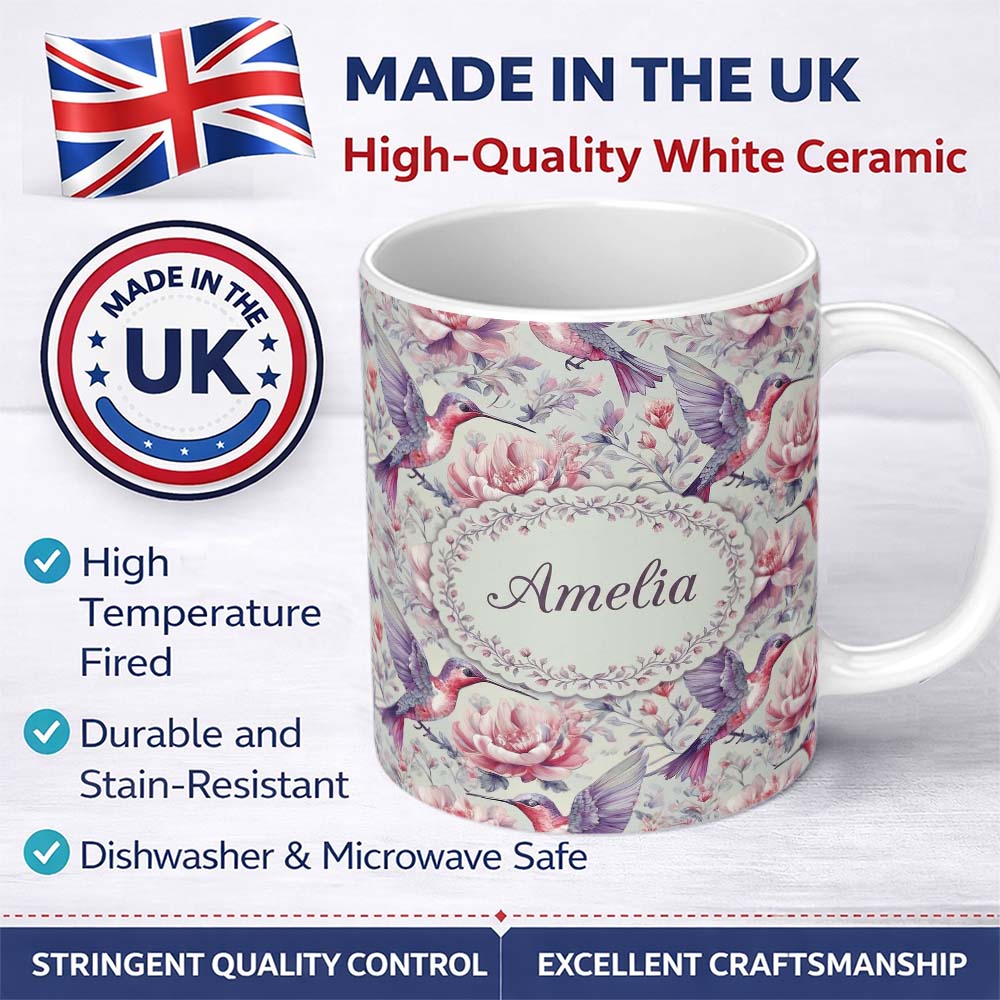 Personalized Custom Name Vintage Style Hummingbird and Floral Garden Seamless Pattern Name 11oz Ceramic Coffee Tea Mug White Large Handle
