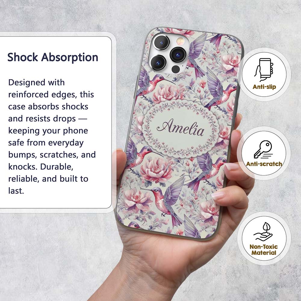 Vintage Style Hummingbird and Printed Design Custom Name Protective Phone Case Mobile Cover Durable Everyday Smartphone Shock Resistant