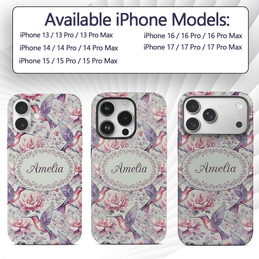 Vintage Style Hummingbird and Printed Design Custom Name Protective Phone Case Mobile Cover Durable Everyday Smartphone Shock Resistant