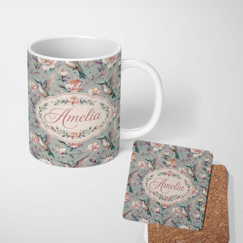 Personalized Custom Name Elegant Hummingbird with Soft Pink Flowers Seamless Pattern Name 11oz Ceramic Coffee Tea Mug White Large Handle