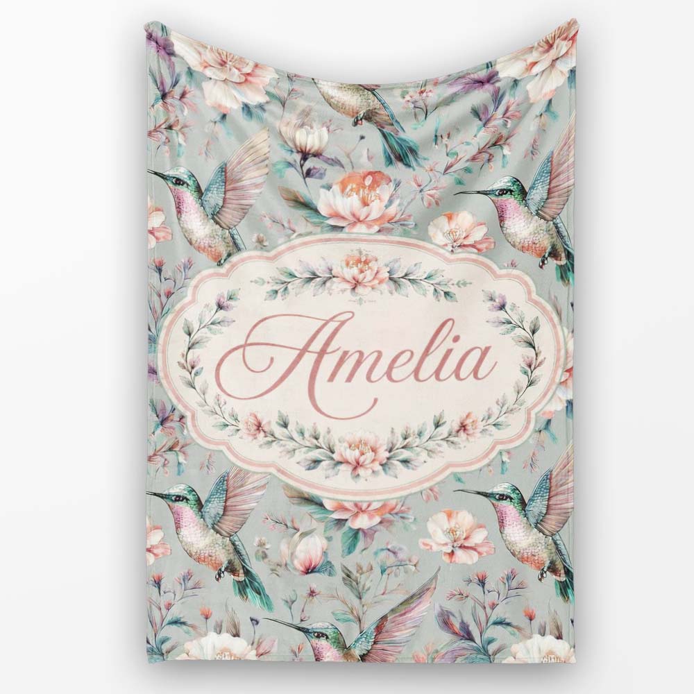 Elegant Hummingbird with Soft Pink Flowers Seamless Pattern Name Personalised Custom Name Super Soft Fleece Blanket Bed Sofa Throw