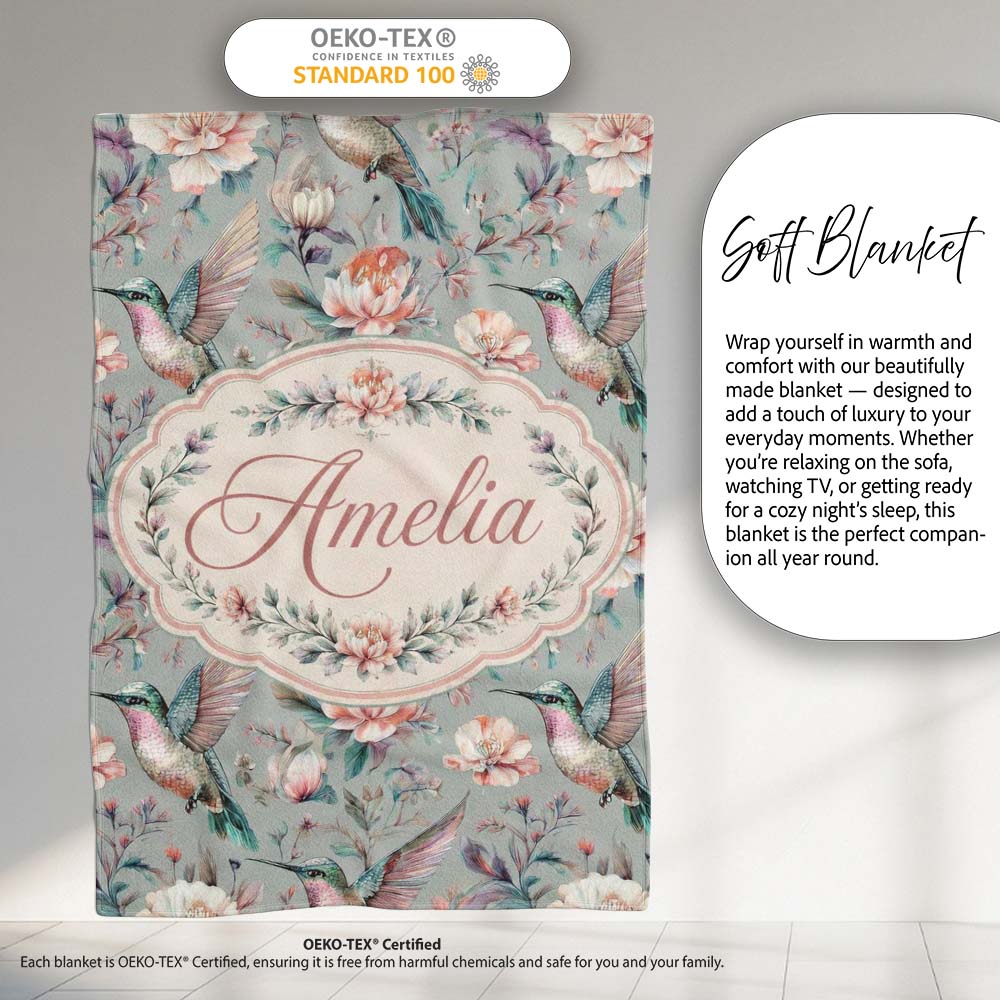 Elegant Hummingbird with Soft Pink Flowers Seamless Pattern Name Personalised Custom Name Super Soft Fleece Blanket Bed Sofa Throw