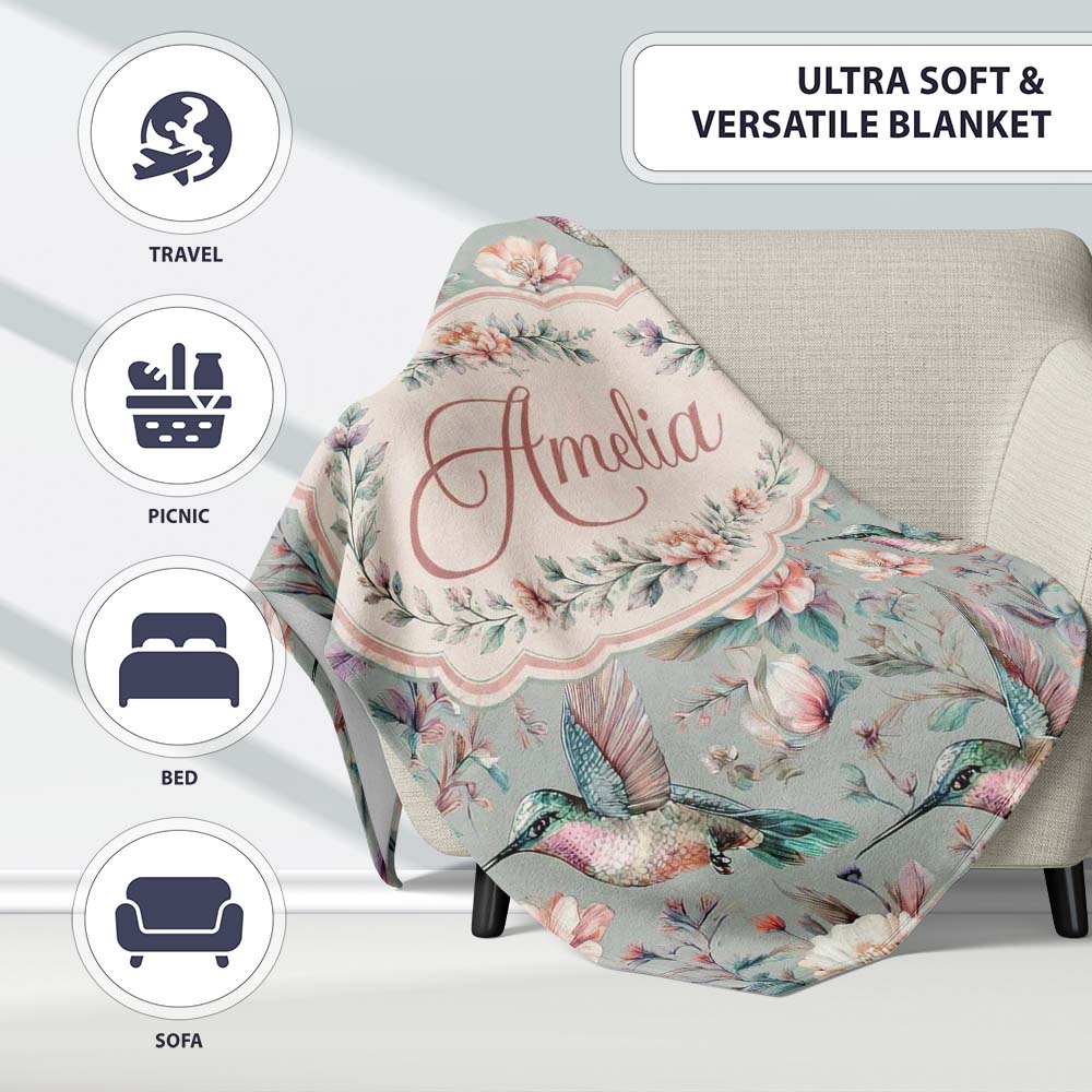 Elegant Hummingbird with Soft Pink Flowers Seamless Pattern Name Personalised Custom Name Super Soft Fleece Blanket Bed Sofa Throw