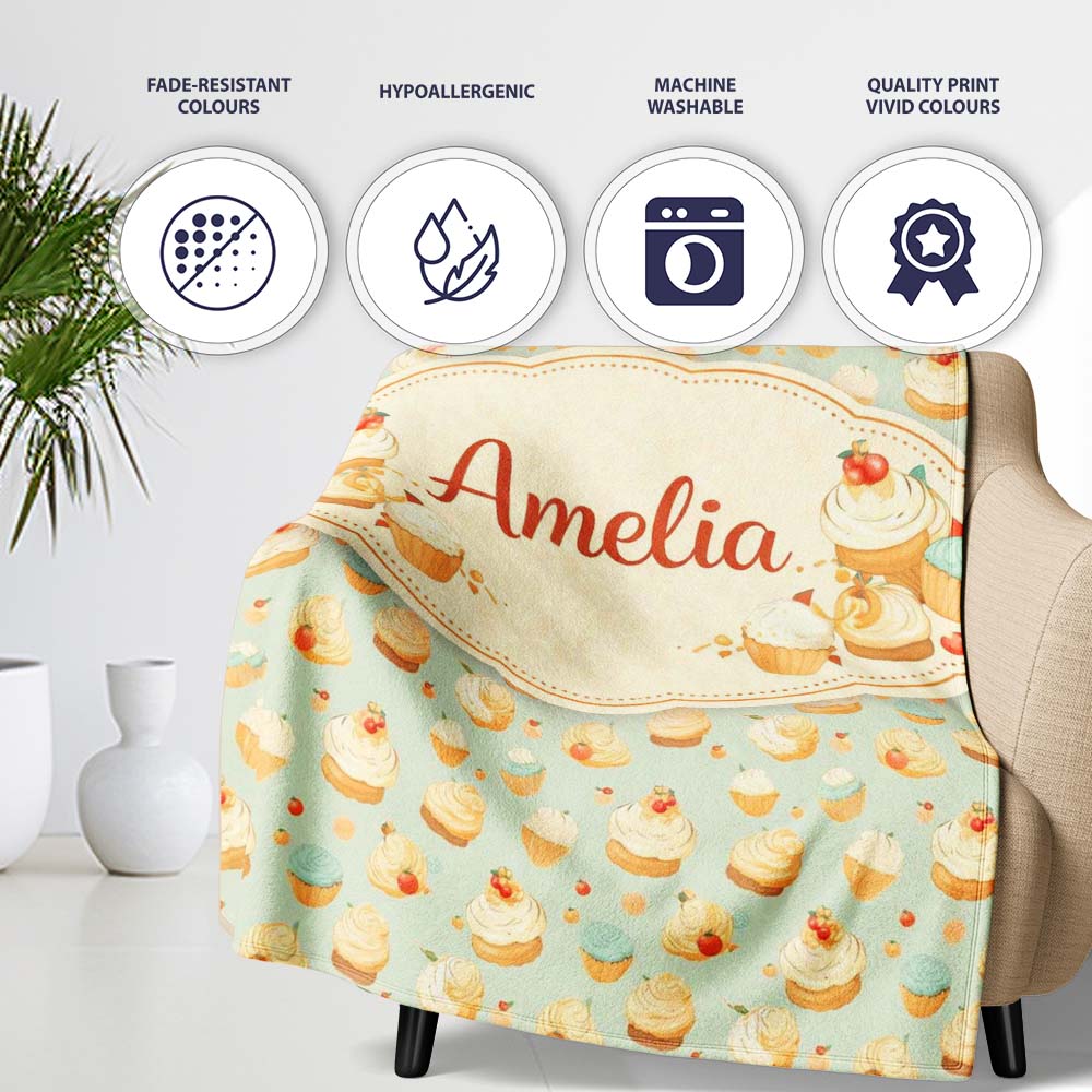 Cupcake Dessert with Cherries Seamless Pattern Beautiful Coffee Cup Personalised Custom Name Super Soft Fleece Blanket Bed Sofa Throw