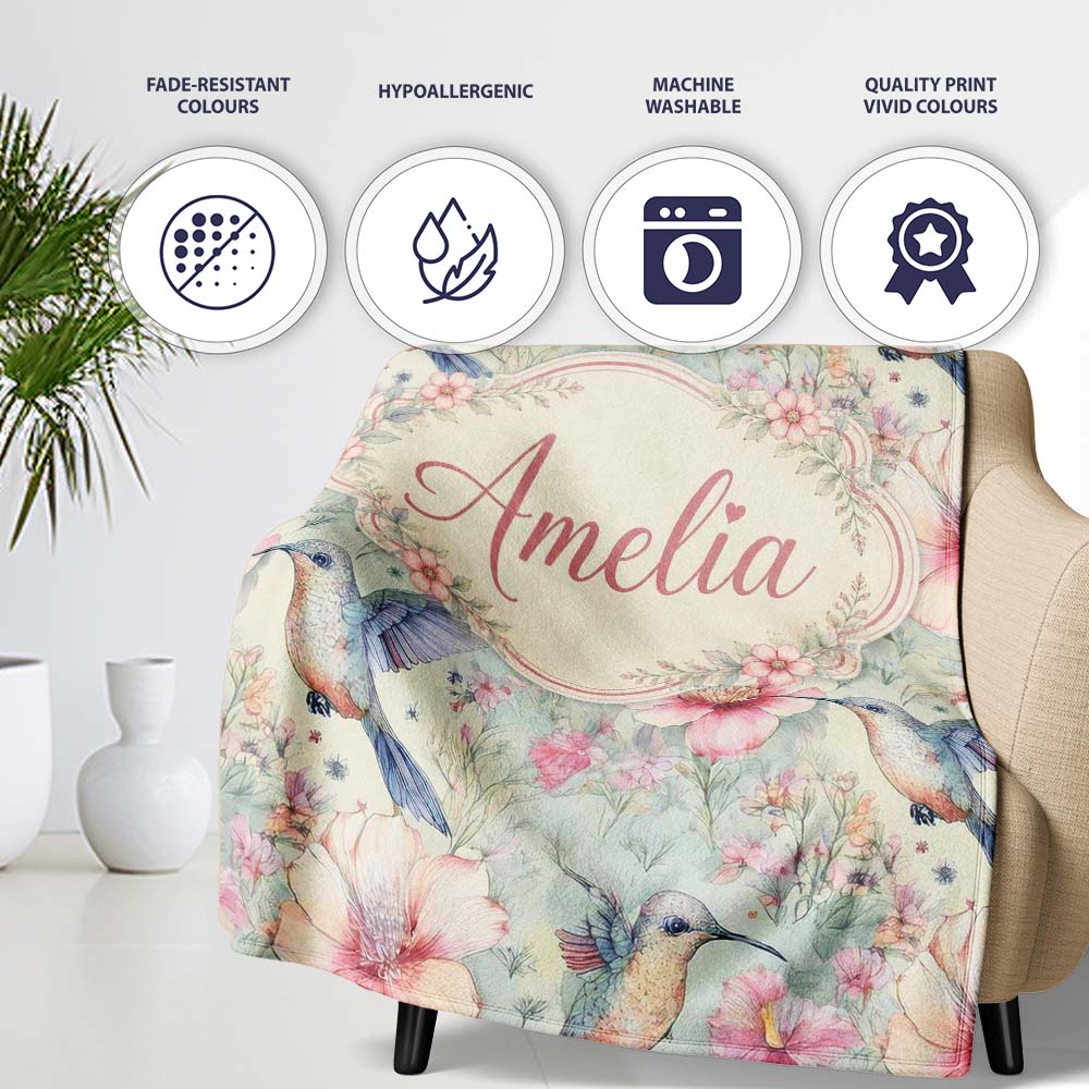 Pastel Hummingbird and Blossom Garden Seamless Pattern Name Cute Personalised Custom Name Super Soft Fleece Blanket Bed Sofa Throw