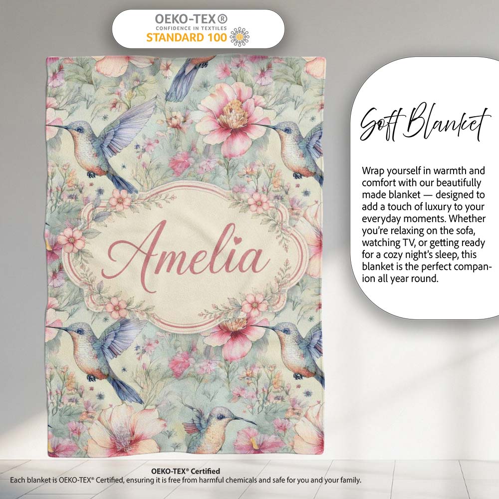 Pastel Hummingbird and Blossom Garden Seamless Pattern Name Cute Personalised Custom Name Super Soft Fleece Blanket Bed Sofa Throw